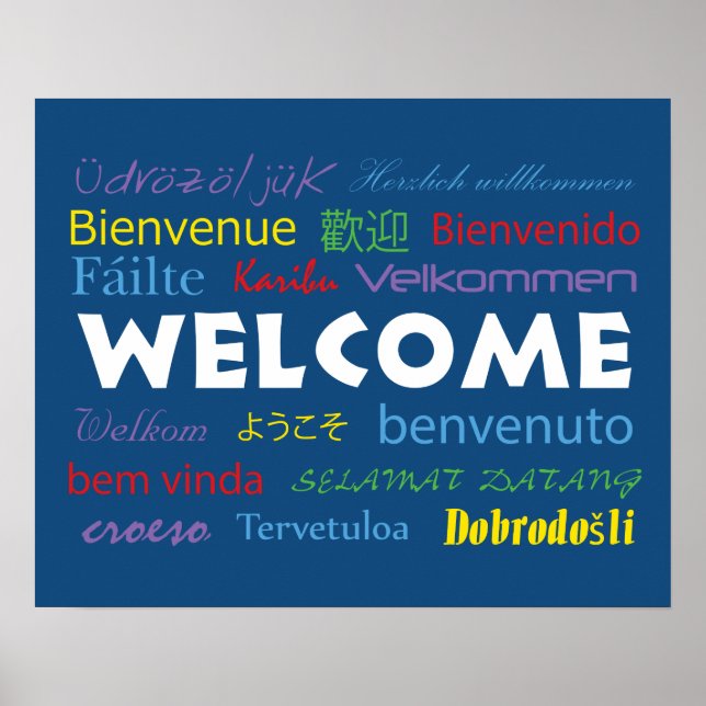 Colourful Welcome Many Languages Blue Poster (Front)