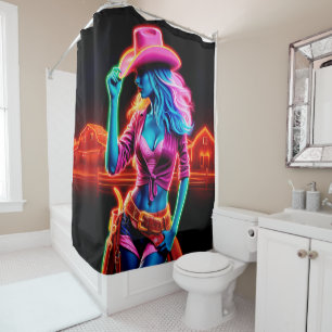 Colourful western girl with pink cowboy hat art shower curtain