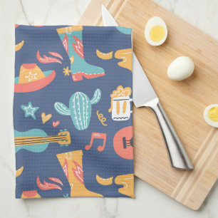 Colourful Western Images on Blue Tea Towel