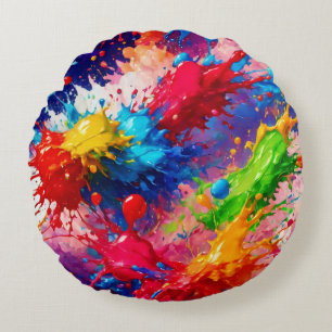 Colourful Wet Paint Splash Design Round Cushion