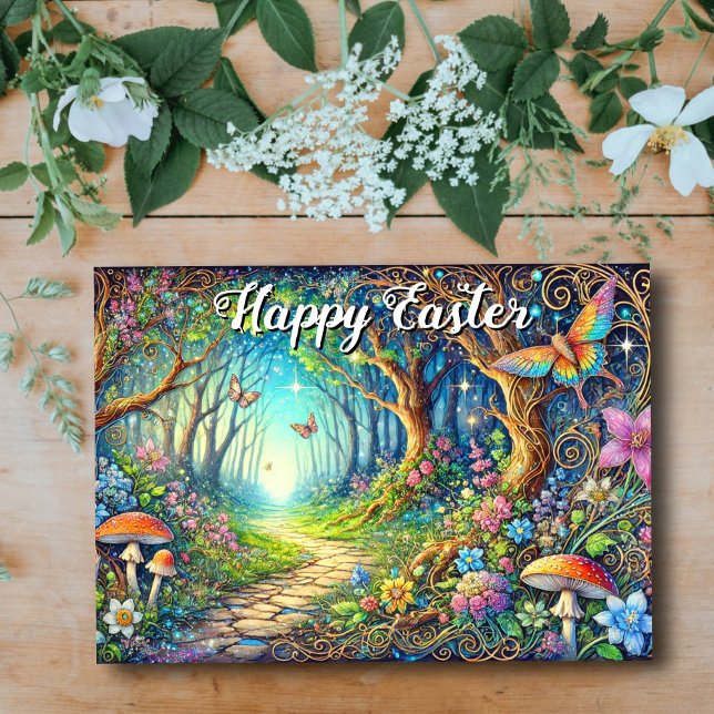 Colourful Whimsical Art Nouveau Forest Happy Easte Holiday Card (Creator Uploaded)