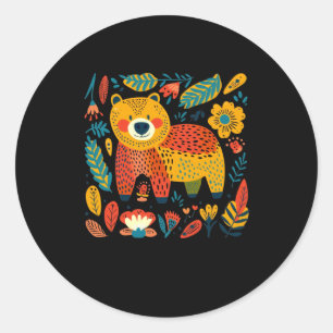 Colourful Whimsical Bear And Floral Pattern Illust Classic Round Sticker