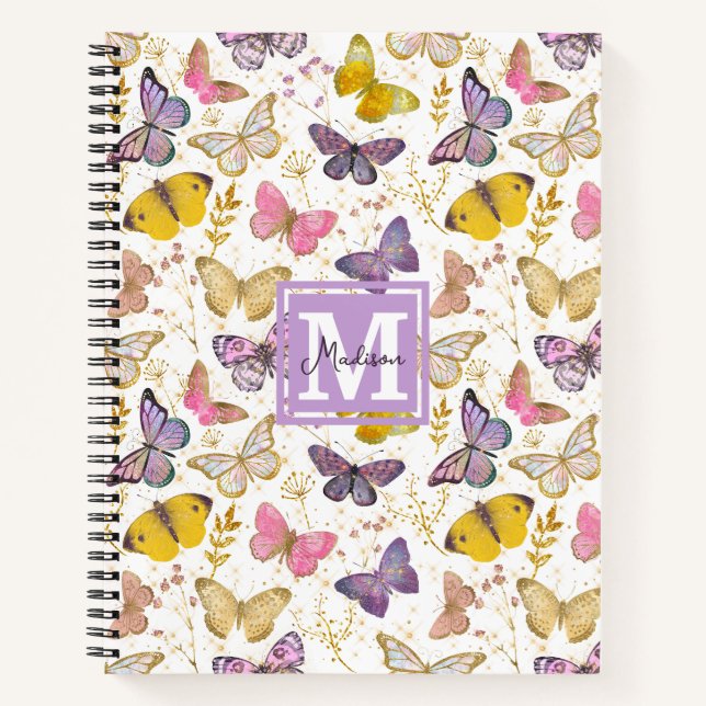 Colourful Whimsical Butterflies Pattern Monogram Notebook (Front)