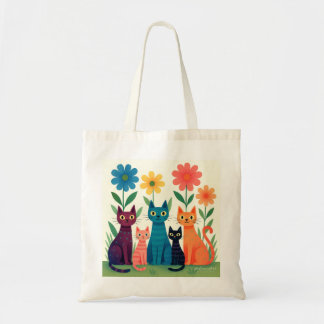 Colourful Whimsical Cats in a Flower Garden Tote Bag