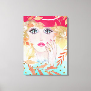 Colourful Whimsical Face Artwork Lady In Hat Canvas Print