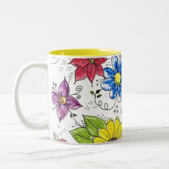 Colourful Whimsical Flower Garden Two-Tone Coffee Mug (Left)