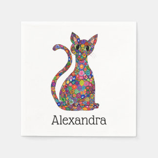 Colourful Whimsical Flower Mosaic Cat Monogram Nam Napkin