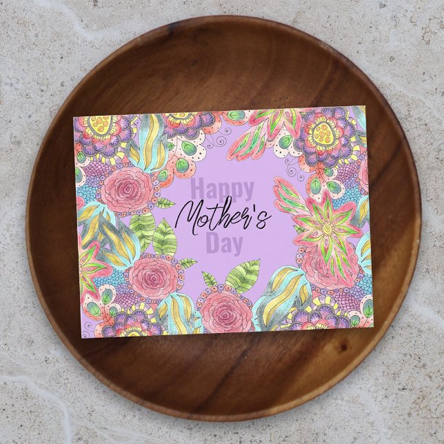 Colourful Whimsical Flowers on Purple Mother's Day Postcard (Creator Uploaded)