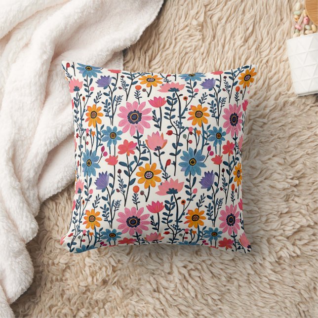 Colourful Whimsical Folk Art Floral Cushion (Blanket)
