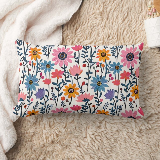 Colourful Whimsical Folk Art Floral Lumbar Cushion (Blanket)