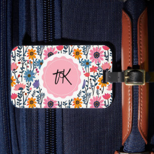 Colourful Whimsical Folk Art Floral Monogrammed Luggage Tag