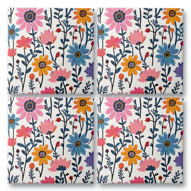 Colourful Whimsical Folk Art Floral Tile (Creator Uploaded)