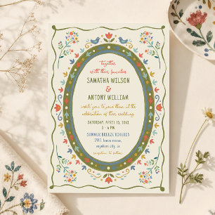 Colourful Whimsical Folk Floral Birds Wedding Invitation