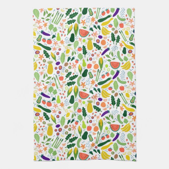 Colourful Whimsical Fruits Veggies Pattern Tea Towel (Vertical)