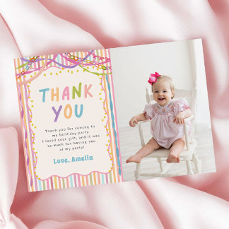 Colourful Whimsical Girl Birthday Party Photo Thank You Card
