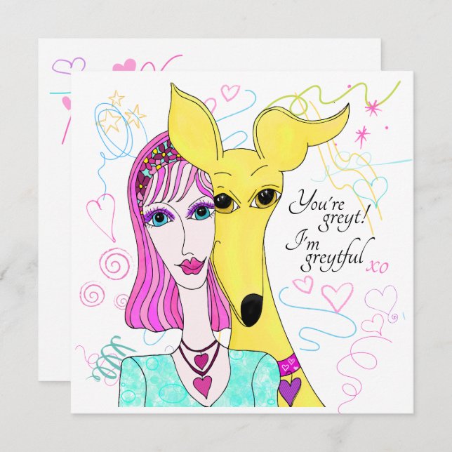 Colourful Whimsical Greyhound Dog and Lady Thank You Card (Front/Back)