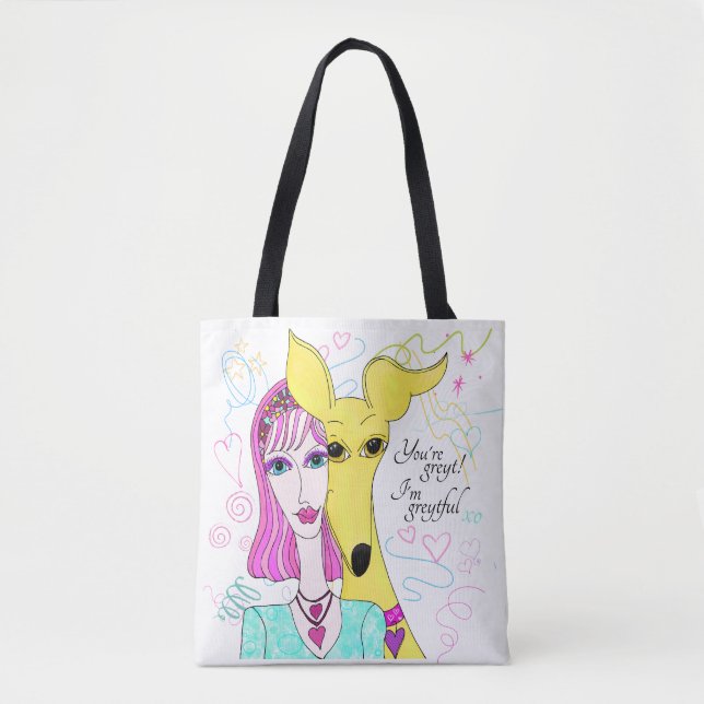 Colourful Whimsical Greyhound Dog and Lady Tote Bag (Front)