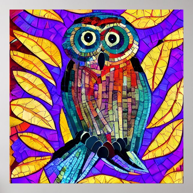 Colourful Whimsical Mosaic Owl Art Poster (Front)