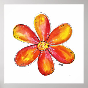 Colourful Whimsical Orange and Yellow Flower Poster