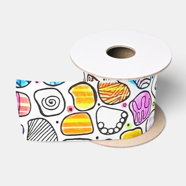 Colourful Whimsical Pattern Birthday & Holiday Satin Ribbon (Spool)