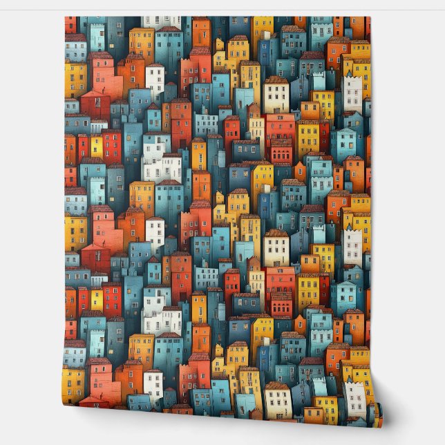 Colourful Whimsical Playful Cubistic Town Wallpaper (Unrolling)