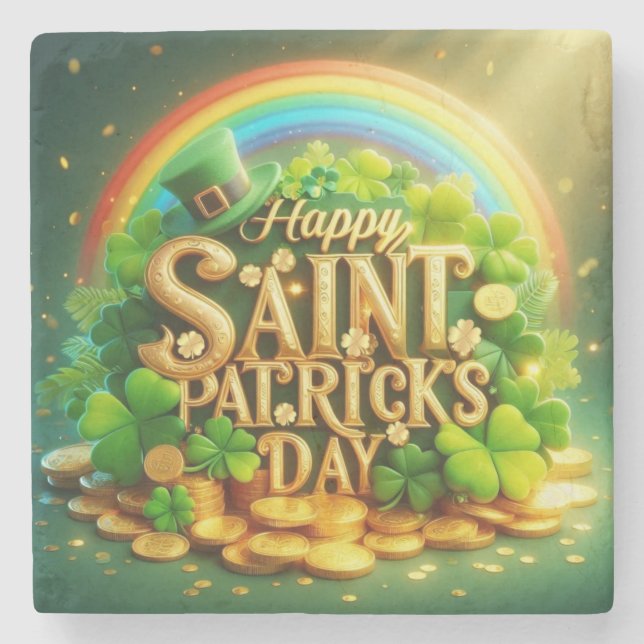 Colourful, whimsical Rainbow Saint Patrick's Day Stone Coaster (Front)