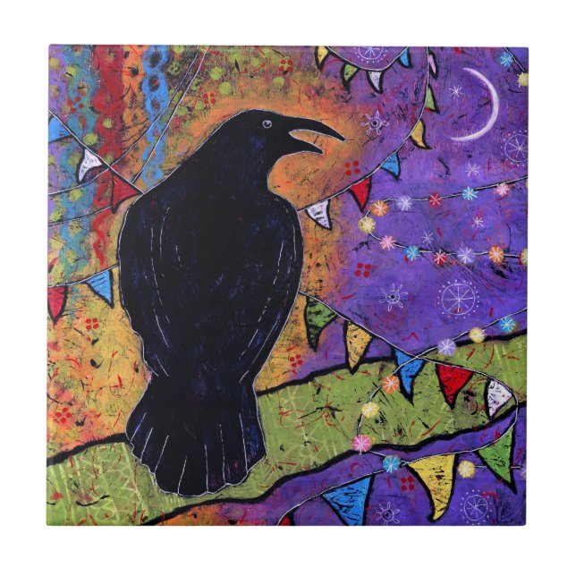 Colourful Whimsical Raven Laughing  Tile (Front)