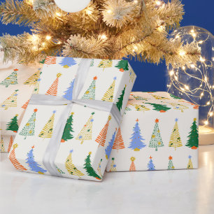 Colourful Whimsical Retro Christmas Trees Pattern Wrapping Paper