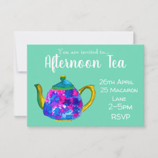 Colourful whimsical teapot afternoon tea party invitation