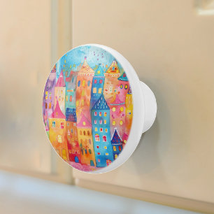 Colourful Whimsical Watercolor Townscape Ceramic Knob