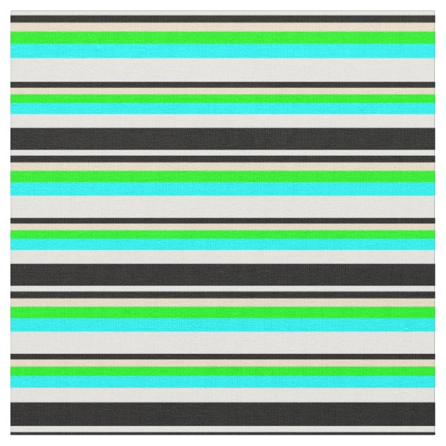 Colourful  White, Black, Tan, Lime & Cyan Lines Fabric (Close Up)
