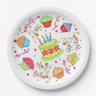 Colourful White Cupcakes and Cake Happy Birthday Paper Plate
