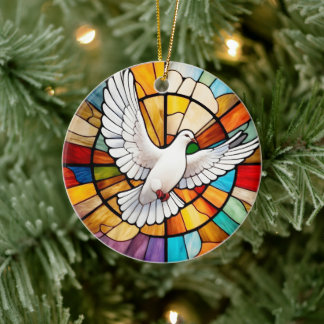 Colourful White Dove Stained Glass Bird Ceramic Tree Decoration