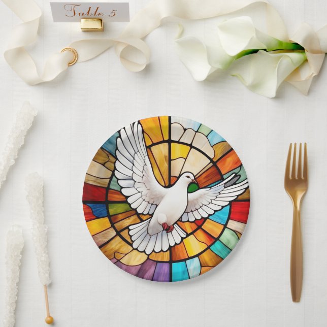 Colourful White Dove Stained Glass Bird Paper Plate (Wedding)