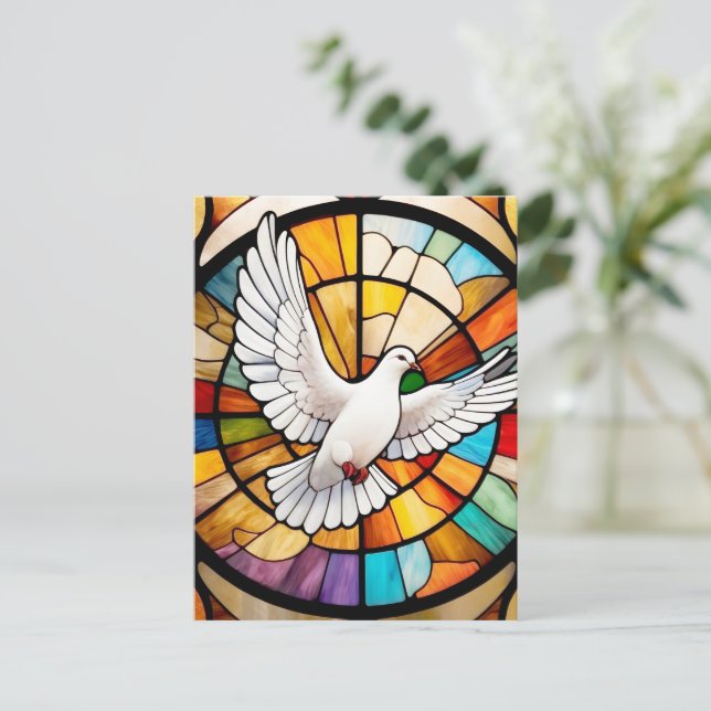 Colourful White Dove Stained Glass Bird Postcard (Standing Front)