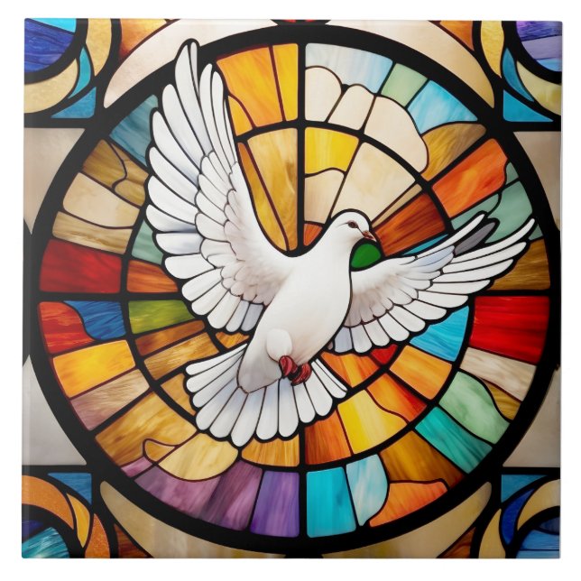 Colourful White Dove Stained Glass Bird Tile (Front)