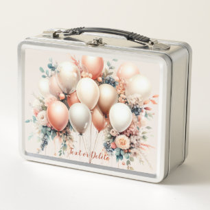 Colourful White Peach Floral Balloons Elegant Part Metal Lunch Box