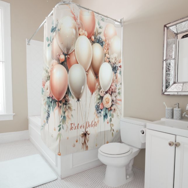 Colourful White Peach Floral Balloons Elegant Part Shower Curtain (In Situ)
