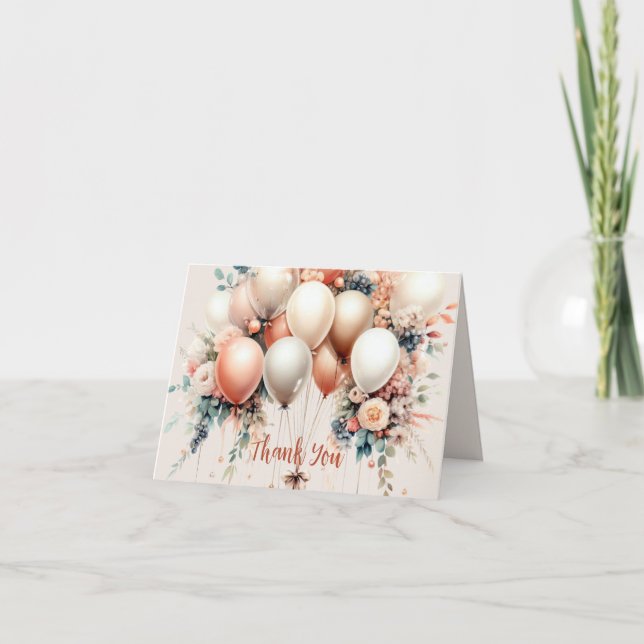 Colourful White Peach Floral Balloons Elegant Thank You Card (Front)