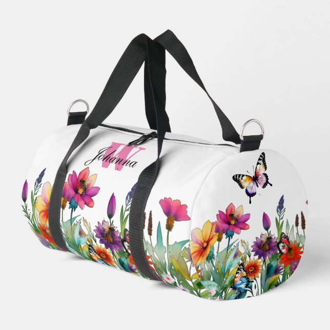 Colourful White Watercolor Floral Duffel Bag (Left Corner)