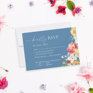 Colourful Widlflower Dusty Blue Wedding RSVP Card