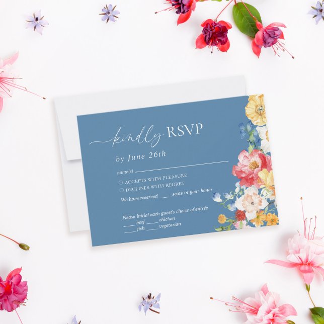 Colourful Widlflower Dusty Blue Wedding RSVP Card (Creator Uploaded)