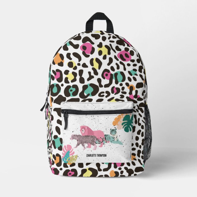 Colourful Wild Animals & Tropical Leaves Printed Backpack (Front)