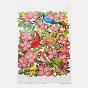 Colourful Wild Birds in Dogwood Kitchen Towel