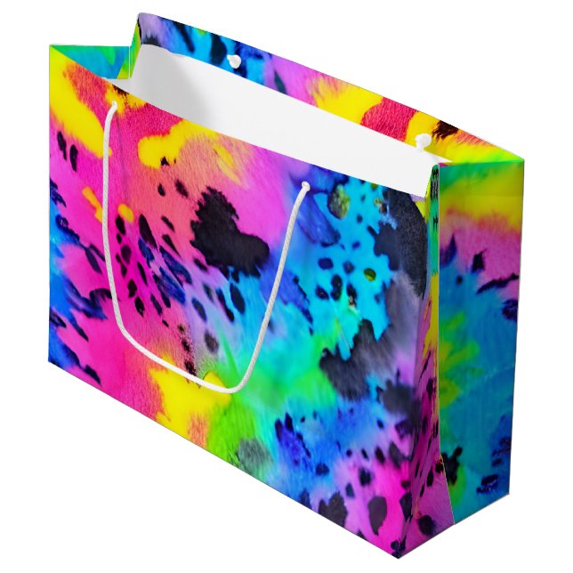 Colourful Wild Cheetah Tye Dye Pattern Large Gift Bag (Front Angled)