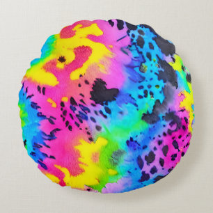 Colourful Wild Cheetah Tye Dye Pattern  Round Cushion