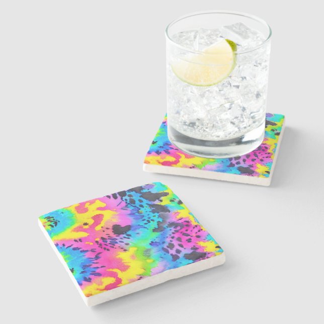 Colourful Wild Cheetah Tye Dye Pattern  Stone Coaster (Side)
