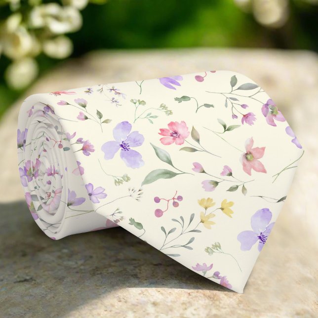 Colourful Wild Flower On Light Yellow Background Tie (Creator Uploaded)