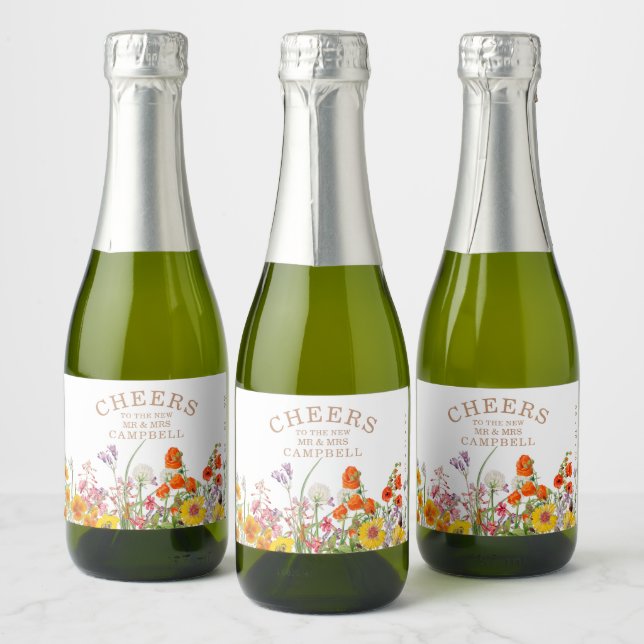 Colourful Wild Flowers Country Wedding Cheers Sparkling Wine Label (Bottles)