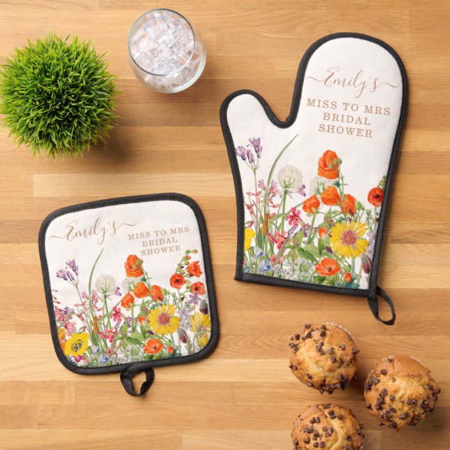 Colourful Wild Flowers Miss To Mrs Bridal Shower Oven Mitt & Pot Holder Set (Top Down)
